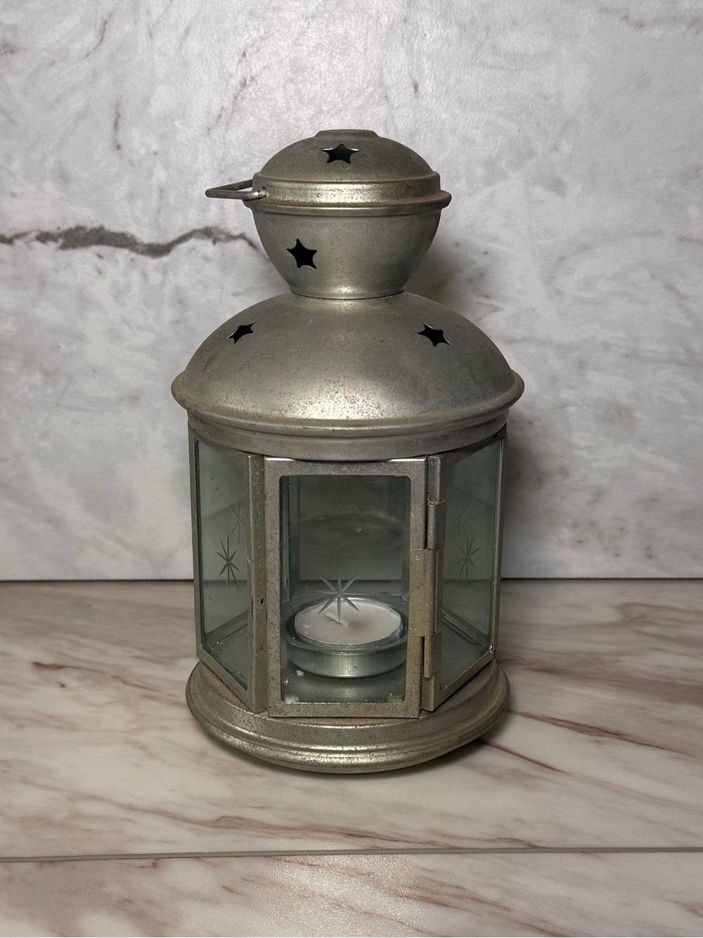 Silver Metal Tealight Lantern Candle Holder Etched Glass Rustic Farmhouse Decor